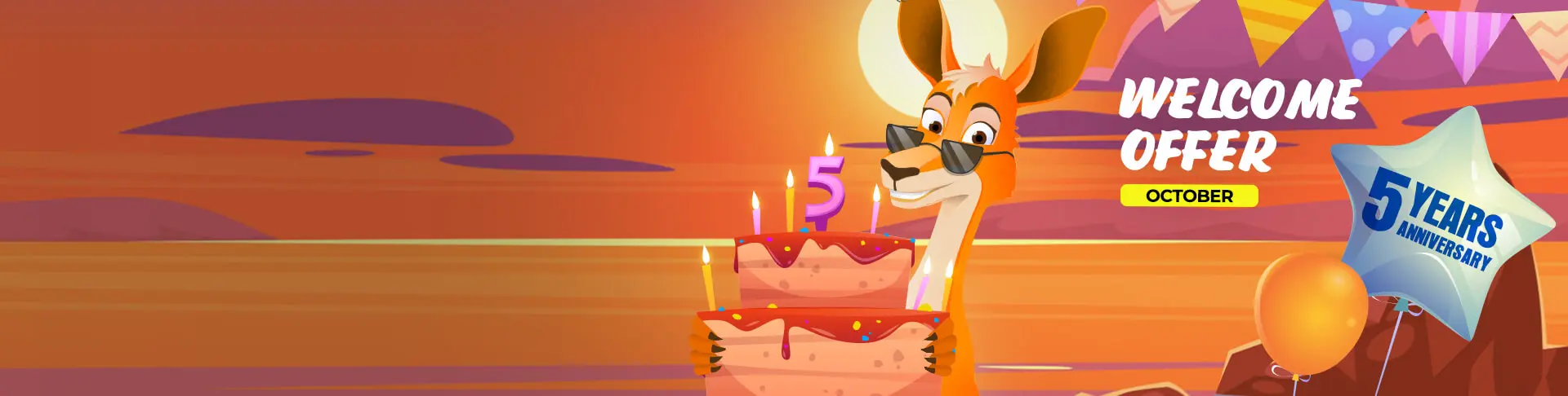 Ripper Casino welcome-offer banner with a kangaroo, a birthday cake, and the words Welcome Offer and 5 years anniversary